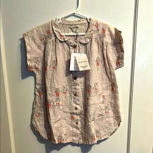 Yellow Pelota Beige Angel and Devil Print Linen Girls Dress with Pockets